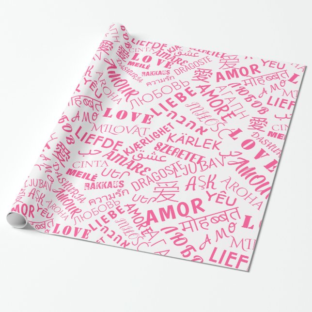 Multilingual Love Text Wrapping Paper Choose Colou (Unrolled)