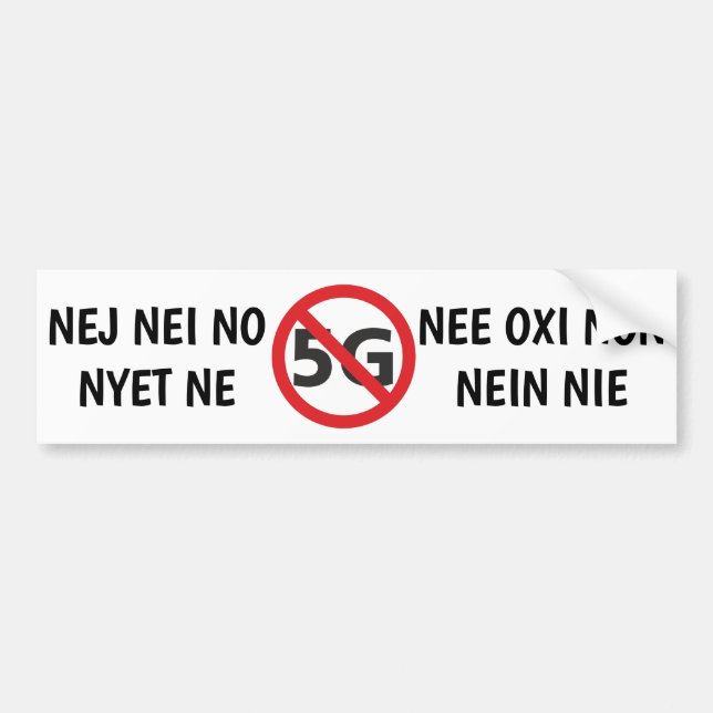 Multilingual No to 5G bumper sticker (Front)