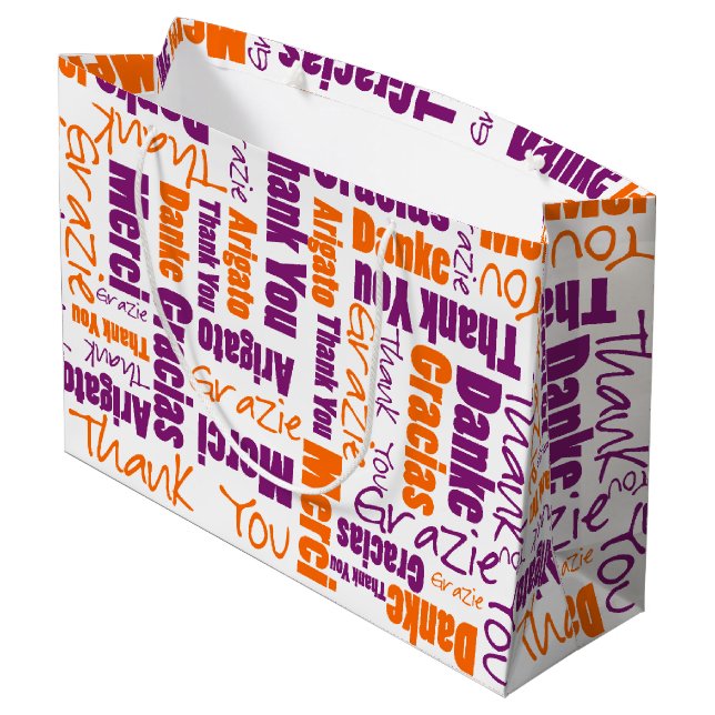Multilingual Purple Orange Thank You Word Cloud Large Gift Bag (Back Angled)