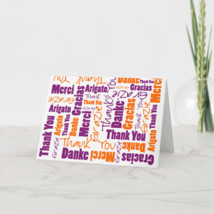 Multilingual Purple Orange Typography Collage Thank You Card