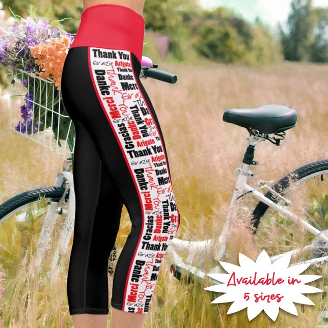 Multilingual Thank You Typography Vertical Stripes Capri Leggings (A red and black thank you word cloud over white dominates the sides of these capri style leggings.)