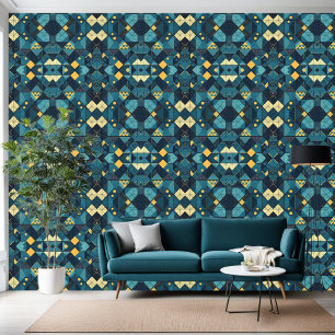 Multiple Blues Tan And Cream Mosaic Wallpaper