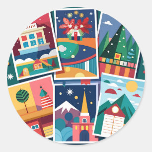 multiple-colourful-holiday-postcards-on-display classic round sticker