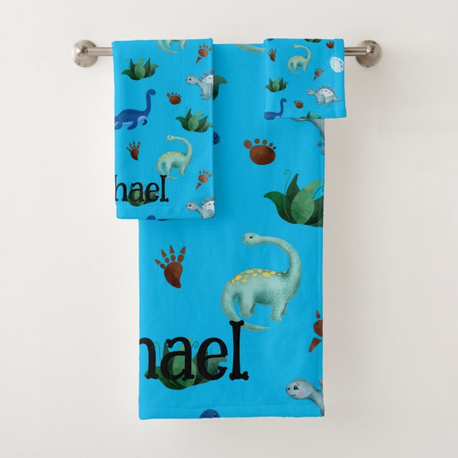 Multiple Dinosaur Species in Turquoise Background Bath Towel Set (Insitu)