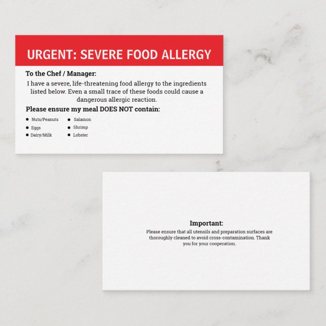 Multiple Food Allergy Alert Business Card (Front/Back)