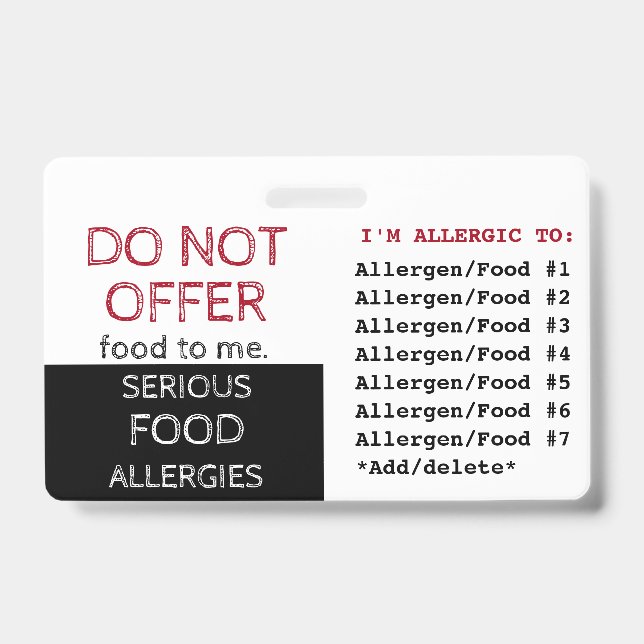 Multiple Food Allergy Alert Label ID Badge (Front)