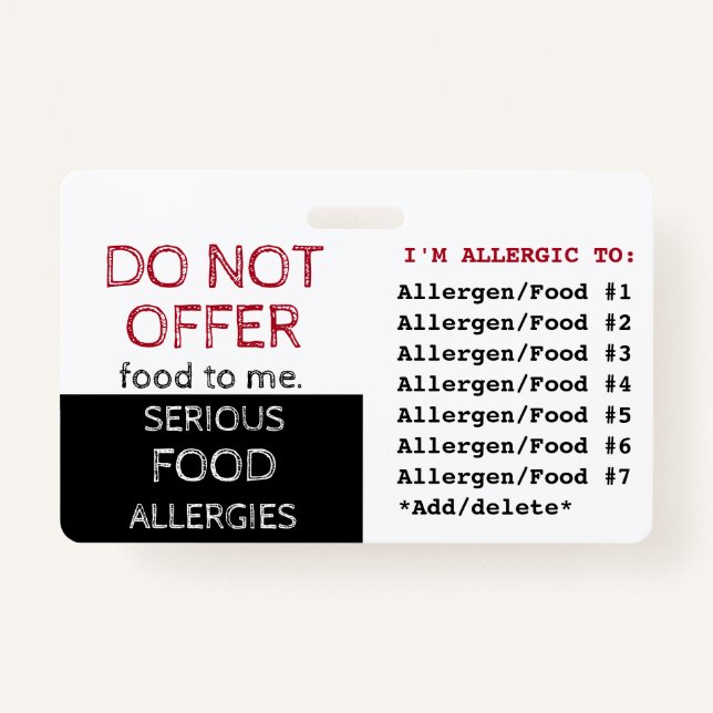 Multiple Food Allergy Alert Label ID Badge (Front)