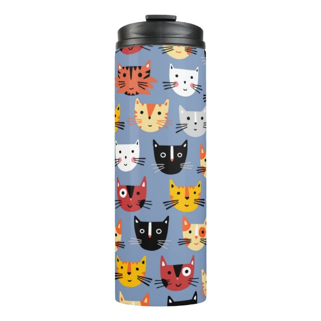 Multiple Fun Kitty Cats Pattern Blue Thermal Tumbler (Front)