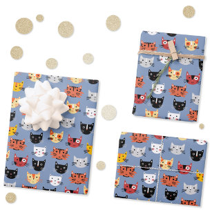 Multiple Kitty Cats Cute Pattern Blue Wrapping Paper Sheet