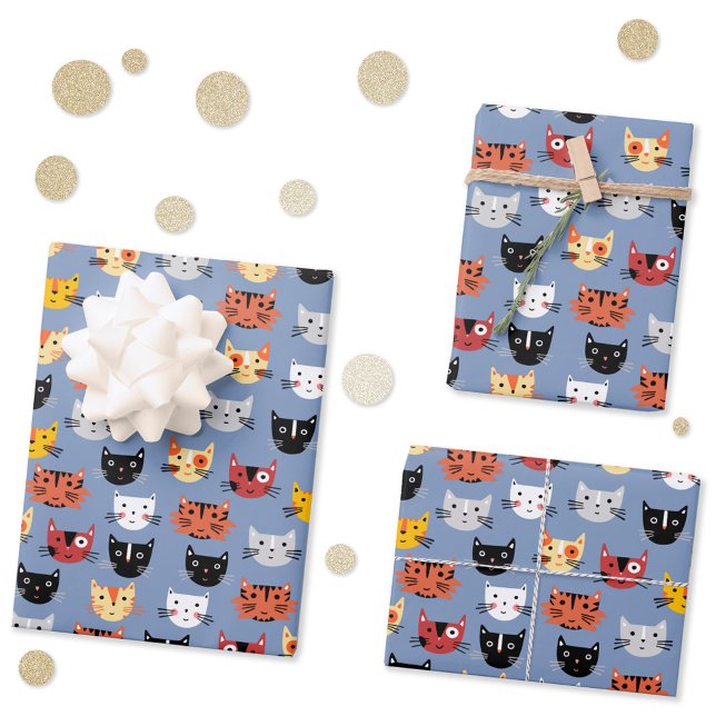 Multiple Kitty Cats Cute Pattern Blue Wrapping Paper Sheet (Fun kitty cat pattern gift wrap paper sheets)