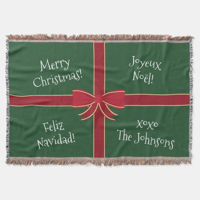 Multiple Language Merry Christmas Red and Green Throw Blanket (Front)