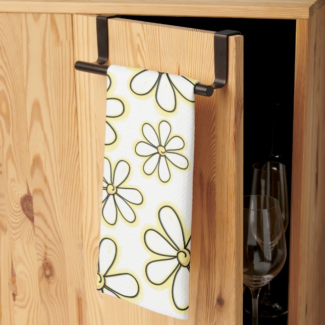 Multiple Large White Yellow Daisy Floral Pattern Tea Towel (Thirds Fold)