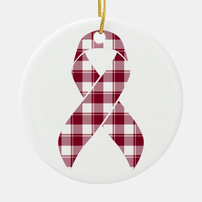 Multiple Myeloma Cancer Awareness Plaid Burgundy  Ceramic Tree Decoration (Front)