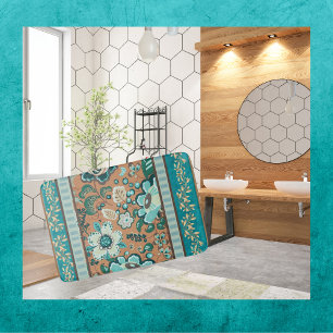 Multiple Patterns, Teal, Green,Rust, Gold, Flowers Bath Mat