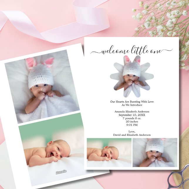 Multiple Photo Baby Boy or Girl Birth Announcement (Multiple Photo Minimalist Modern Baby Birth Announcement Card. Three photos on front, two on back)