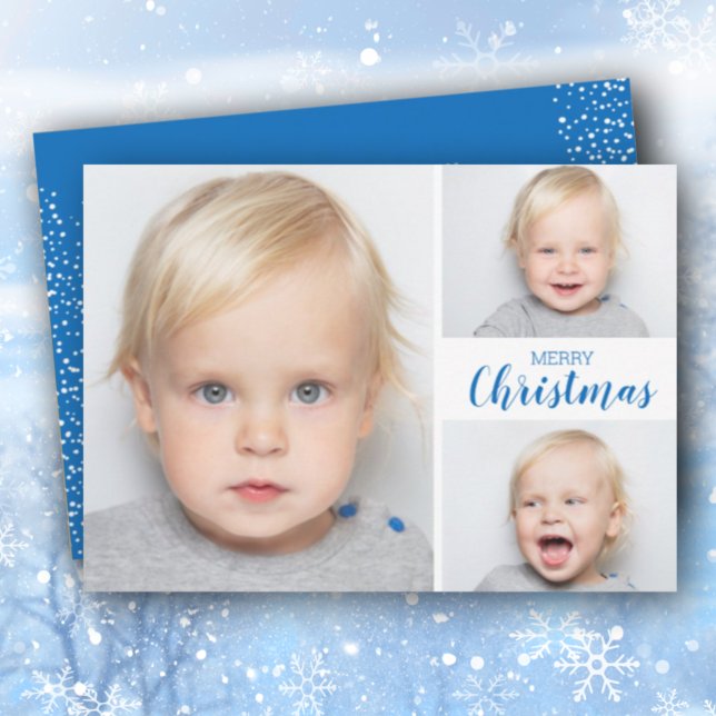 Multiple Photo Blue Merry Christmas Holiday Card (Creator Uploaded)