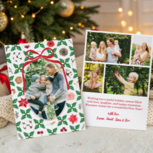 Multiple Photo Heirloom Holly Florals and Greenery Holiday Card