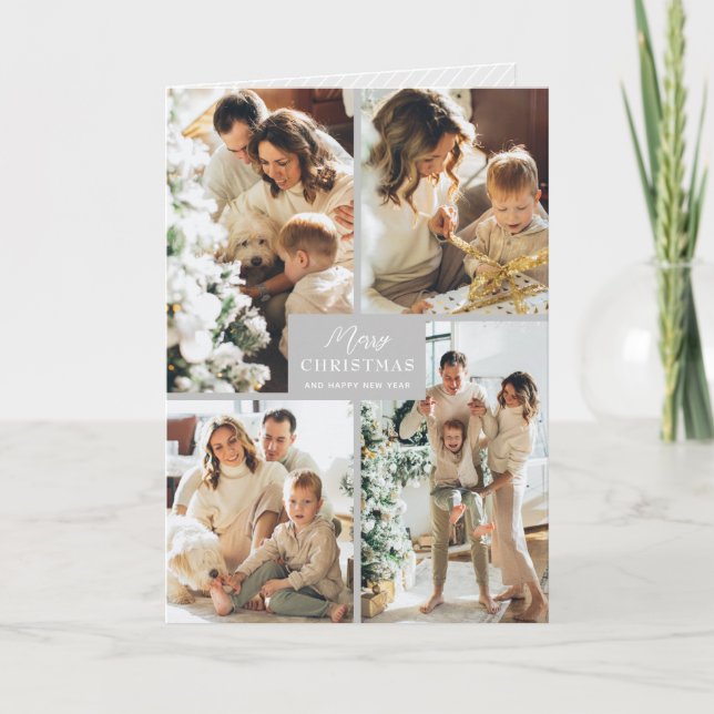Multiple Photo Merry Christmas Grey Folded Holiday Card (Front)