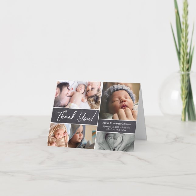 Multiple pictures Newborn Custom Name stats Thank You Card (Front)