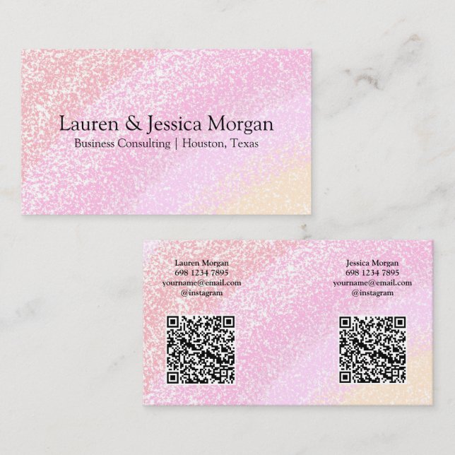 Multiple QR Code 2 Names & Contact Pink Glitter Business Card (Front/Back)