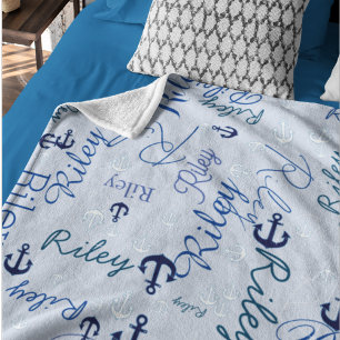 Multiplying Names Initials Navy Anchors Light Blue Fleece Blanket