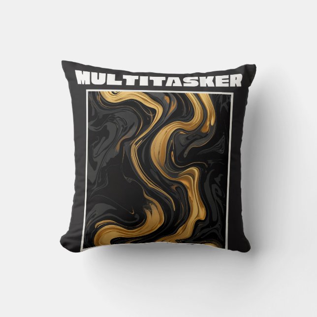 Multitasker Gold & Black Liquid Marble Abstract Cushion (Front)