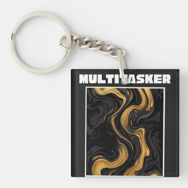 Multitasker Gold & Black Liquid Marble Abstract Key Ring (Front)