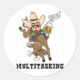 Multitasking Bull Rider Classic Round Sticker