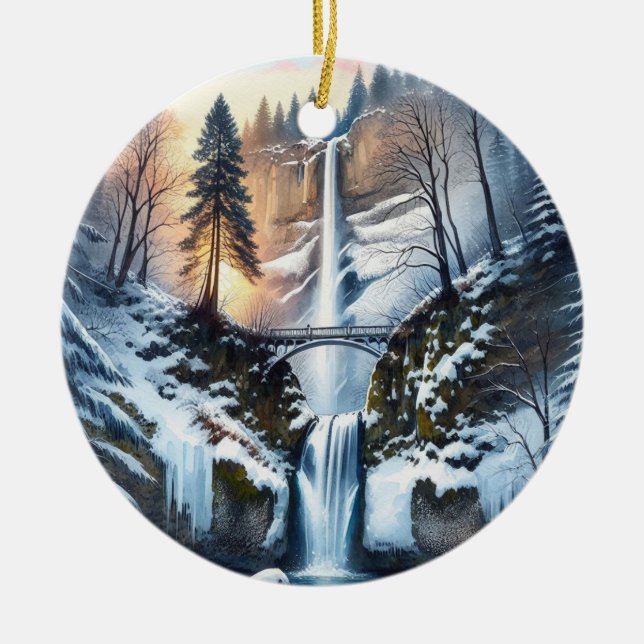 Multnomah Falls Snowy Christmas Tree Ceramic Tree Decoration (Front)