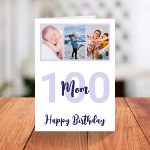 Mum 100th Birthday Purple Script Photo Collage Card