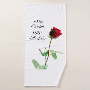 Mum 100th Birthday Red Rose Flower Personalised Bath Towel