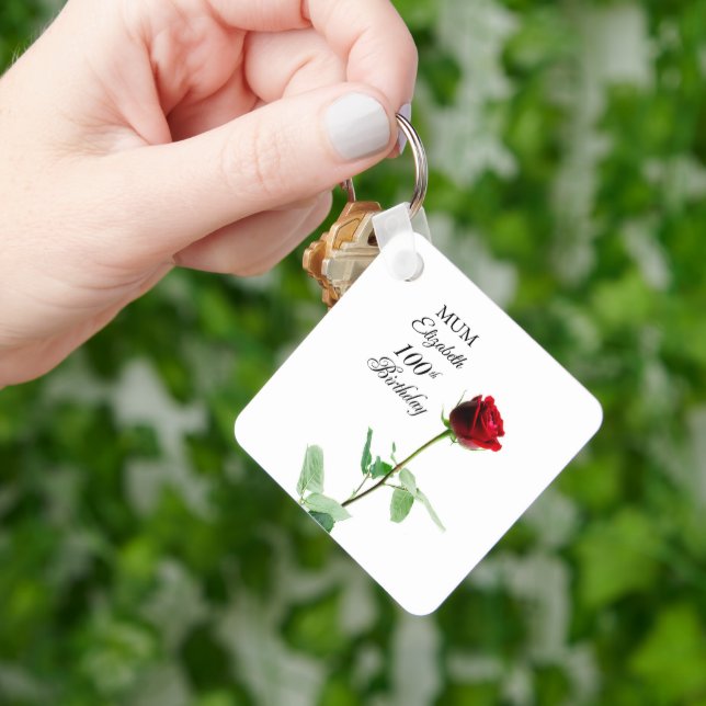 Mum 100th Birthday Red Rose Flower Personalised Key Ring (Hand)
