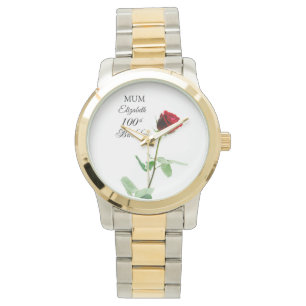 Mum 100th Birthday Red Rose Flower Personalised Watch