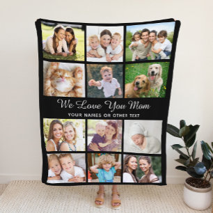 Mum 12 Photo Collage Black Fleece Blanket