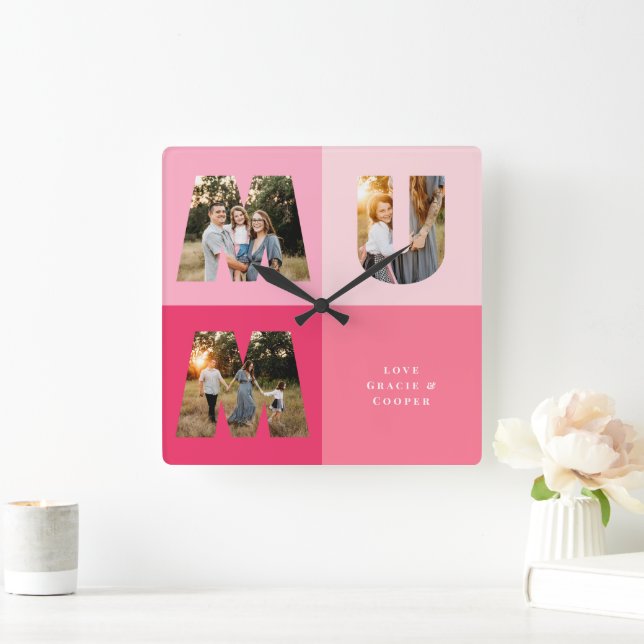 Mum 3 photo modern girly pink mothers day square wall clock (Home)