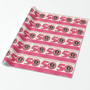 Mum 50th Birthday photo fun cream pink wrapping Paper