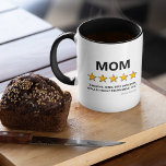 Mum 5 Star Review | Best Mum Ever Mug<br><div class="desc">Funny mother mug featuring the word "mum",  with a 5 star review,  the comment "amazing,  kind,  best mum ever,  would highly recommend her",  and the childs name.</div>
