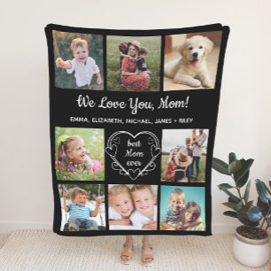 Mum 8 Photo Collage Black Fleece Blanket