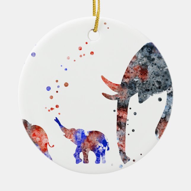 Mum and babies elephant, elephant family ceramic tree decoration (Front)