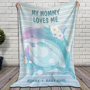 Mum and Baby Dolphins with Flowers Mummy Loves Me Sherpa Blanket