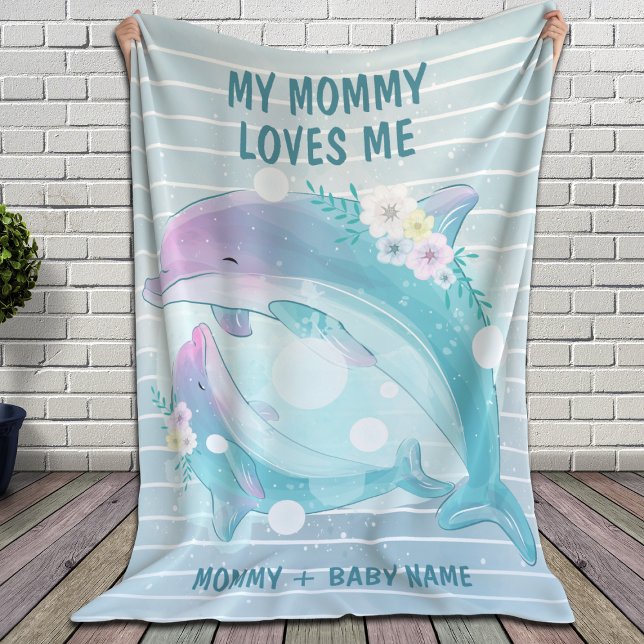 Mum and Baby Dolphins with Flowers Mummy Loves Me Sherpa Blanket (Creator Uploaded)
