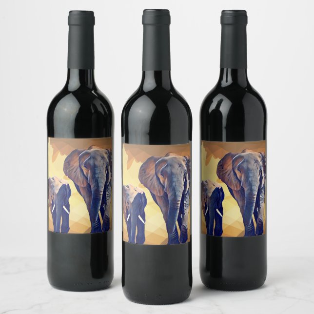 Mum and baby Elephant in the Fall  Wine Label (Bottles)