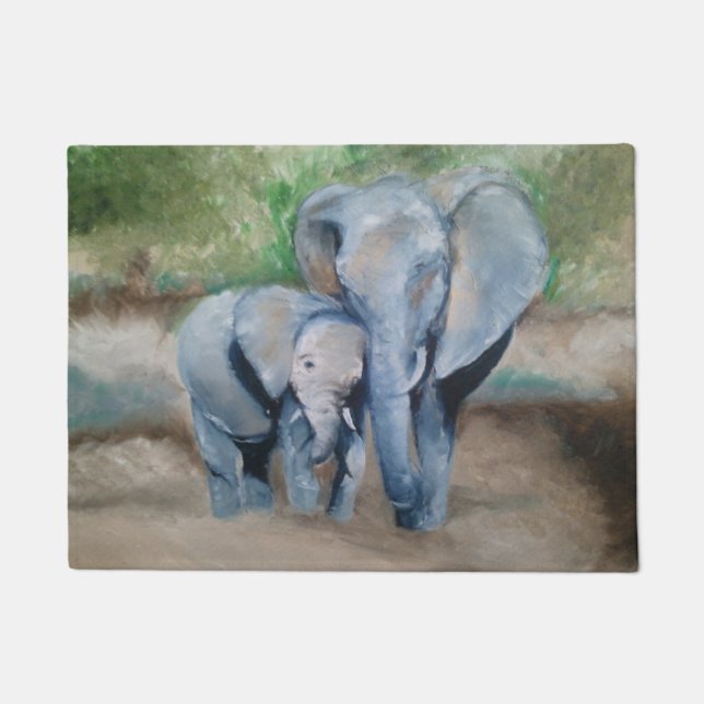 Mum and Baby Elephant Oil Painting Door Mat (Front)