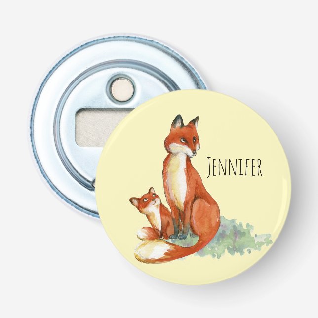 Mum and Baby Fox Cute Watercolor Illustration Bottle Opener (Front)