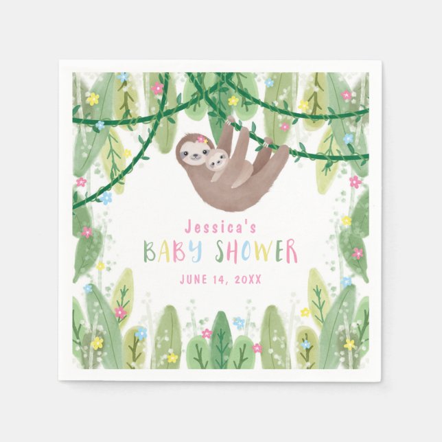 Mum and Baby Girl Sloth Jungle theme Napkin (Front)