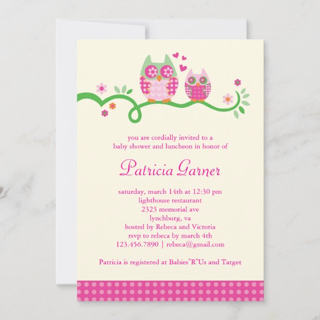 Mum and Baby Owl Baby Girl Shower Invitation (Front)