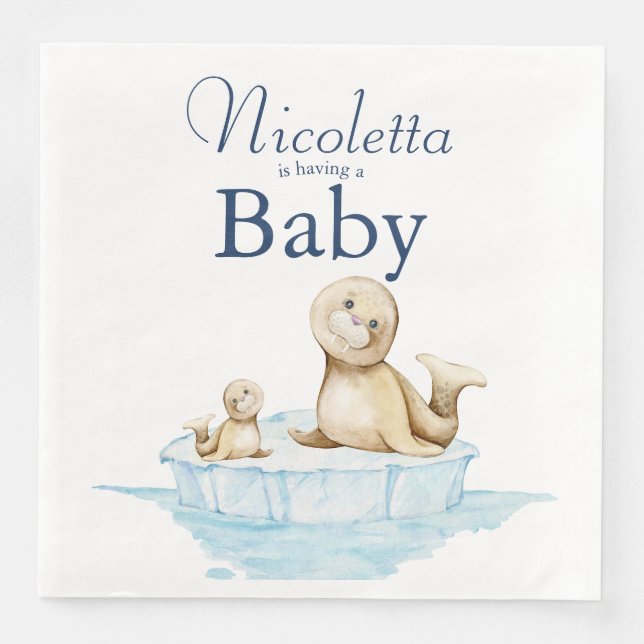 Mum and Baby Seal Pup on Ice Winter Baby Shower Napkin (Front)