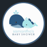 Mum and Baby Whale Baby Shower {blue} Classic Round Sticker<br><div class="desc">Stylish and sweet baby shower stickers or favour labels feature an adorable vector illustration of a whale mummy and a baby whale. Perfect for boys, girls or neutral gender baby showers. Visit our store for matching products such as invitations, thank you notes, favour labels, address labels, envelopes, decorations and more!...</div>