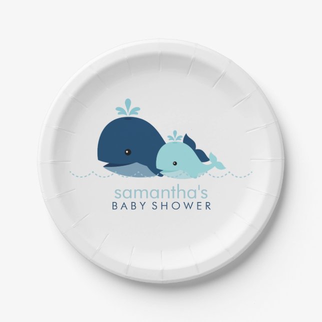 Mum and Baby Whale Baby Shower {blue} Paper Plate (Front)