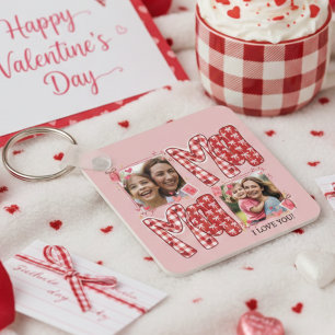 Mum and Child Photo Red Plaid Valentine Hearts Key Ring